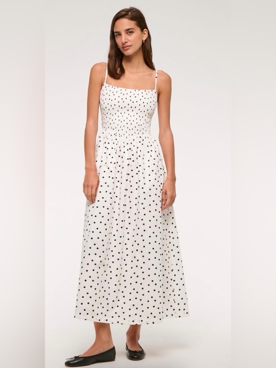 Abercrombie & Fitch Dresses & Skirts - Abercrombie & Fitch Polka Dot Dipped Waist Smocked Midi Dress White